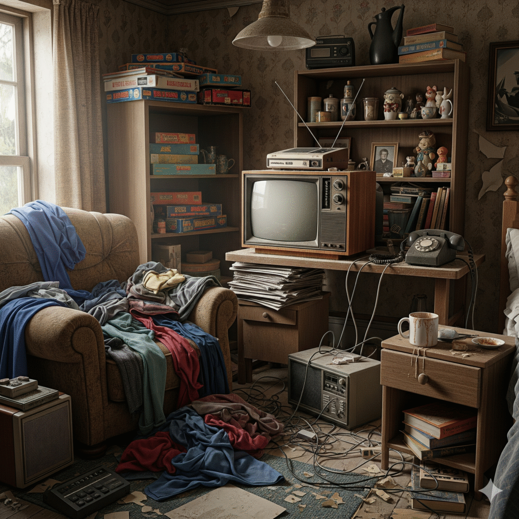 A heavily cluttered room with clothes, old electronics, and miscellaneous items piled up, showcasing the type of mess that junk removal services can help clear.